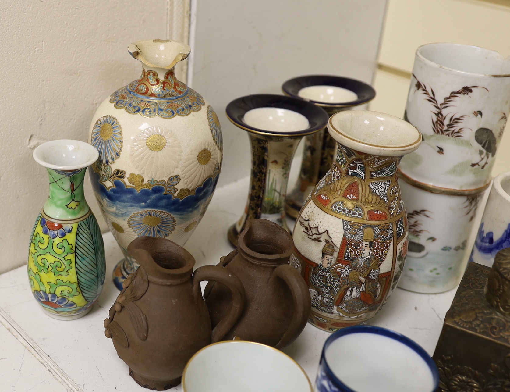 Mixed Japanese ceramics including Satsuma pottery, Japanese and Timoney boxes and covers, Chinese carved and lacquered figure, Burmese lacquer boxes etc.